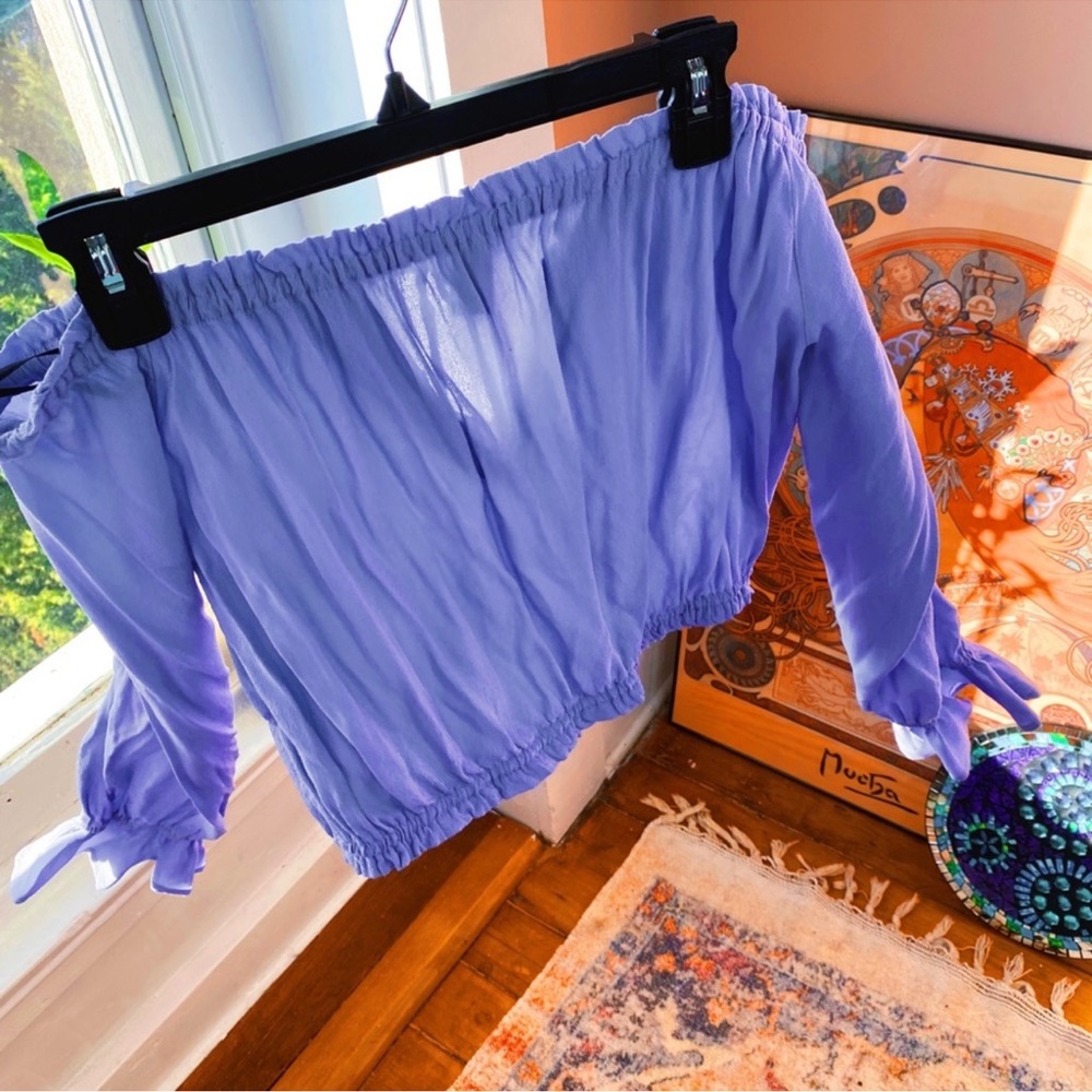 Periwinkle Blue Ruffle Peasant along Sleeved Off The Shoulder Crop Top - Picture 7 of 9